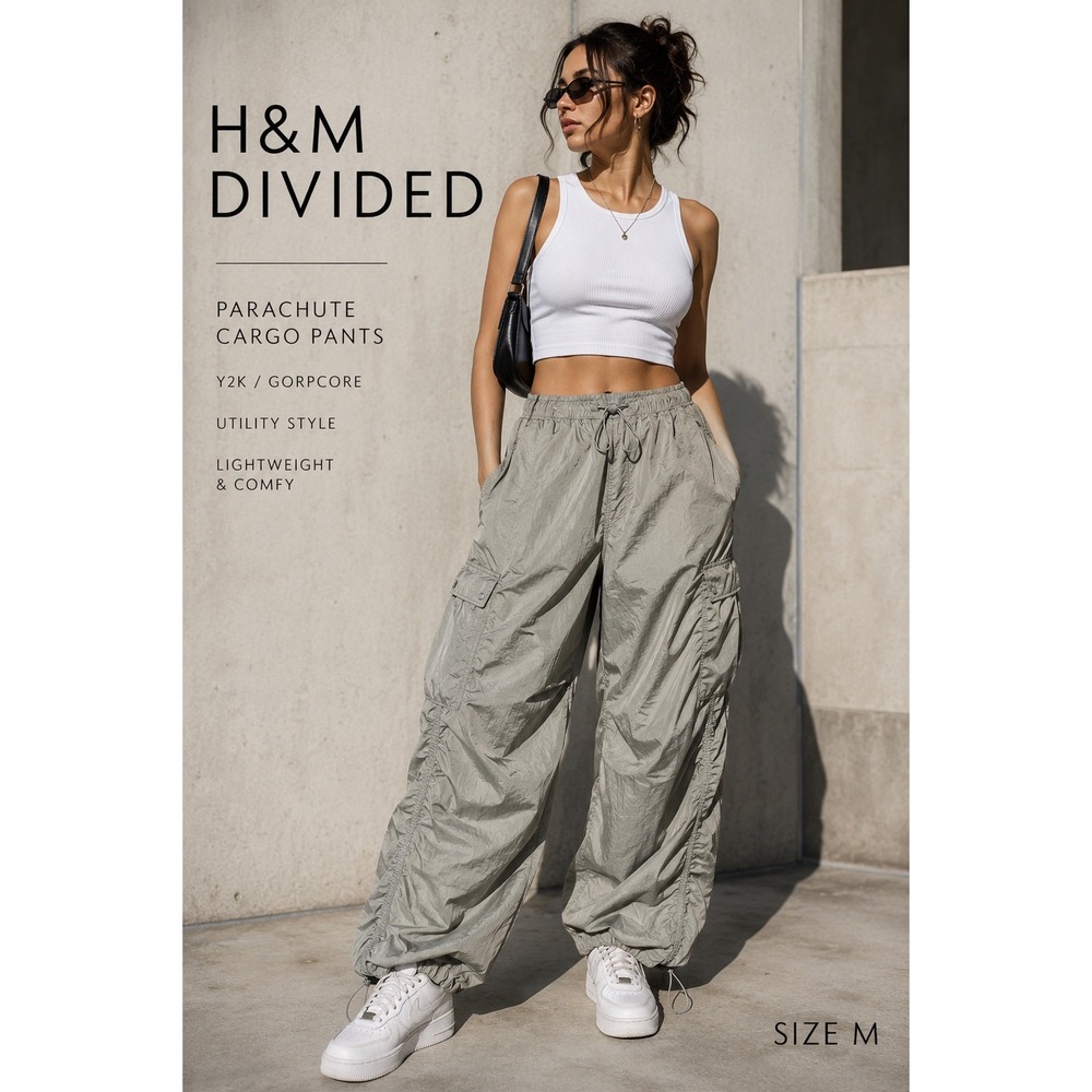 H&M Divided Parachute Cargo Pants M Gray Green Y2K Gorpcore Utility Streetwear